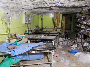 A room in a hospital in Khan Shaykun after the building was hit by further airstrikes while treating the wounded from a chemical attack on the town. (AFP/Omar Haj Kadour)