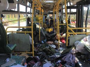 A picture taken on April 16, 2017, shows the damage inside a bus a day after a suicide car bombing attack in Rashidin, west of Aleppo, targeted busses carrying Syrians evacuated from two besieged government-held towns of Fuaa and Kafraya. (AFP/Omar Haj Kadour)