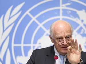 UN Special Envoy for Syria Staffan de Mistura gestures as he speaks during a press conference on the eve of a sixth round of Syria peace talks on May 15, 2017 at the United Nations office in Geneva. (AFP/Fabrice Coffrini)