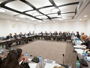 The meeting between Syrian government delegation and UN Syria envoy Staffan de Mistura, during Syria peace talks, at the United Nations Office in Geneva. (AFP/Xu Jinquan)