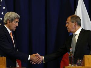 US Secretary of State John Kerry and Russian Foreign Minister Sergei Lavrov at a press conference in Geneva on September 9, 2016. (AFP/Kevin Lamarq)