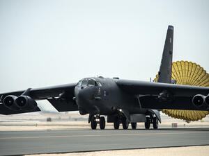 U.S. Air Force B-52 Stratofortress aircraft from Barksdale Air Force Base, Louisiana, arrives at Al Udeid Air Base, Qatar, April 9, 2016. (U.S. Air Force/Tech. Sgt. Corey Hook)