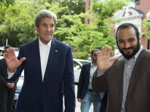 US Secretary of State John Kerry (L) greets Saudi Deputy Crown Prince Mohammed bin Salman outside Kerry's residence prior to their meeting on June 13, 2016, in Washington, DC. (AFP/Molly Riley)