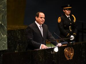 Egyptian President Abdel Fattah al-Sisi delivers a speech to the United Nations General Assembly on September 25, 2018 in New York City. (Stephanie Keith/Getty Images/AFP)