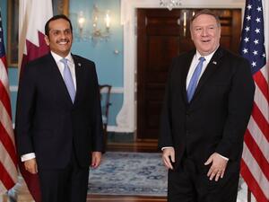 U.S. Secretary of State Mike Pompeo (R), welcomes Qatari Foreign Minister Sheikh Mohammed bin Abdulrahman Al Thani, at the Department of State, on June 26, 2018 in Washington. (AFP/ File)
