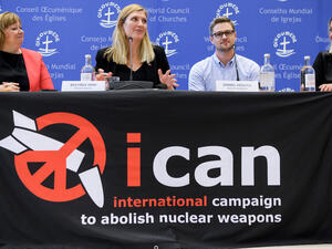 ICAN members held demonstration in front of the UN building in Geneva to urge countries to abolish nuclear weapons. (AFP/ File Photo)