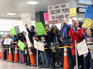Protesters demonstrate against the travel ban (file photo)