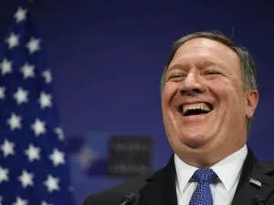 U.S. Secretary of State Mike Pompeo comes to Riyadh from Brussels where he attended a Foreign Ministers' meeting at the NATO headquarters in Belgium on April 27, 2018.  JOHN THYS / AFP
