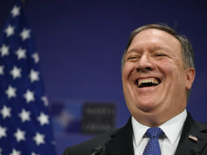 U.S. Secretary of State Mike Pompeo comes to Riyadh from Brussels where he attended a Foreign Ministers' meeting at the NATO headquarters in Belgium on April 27, 2018.  JOHN THYS / AFP
