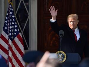 US President Donald Trump waves after he spoke at former president Andrew Jackson's Hermitage in Nashville, Tennessee on March 15, 2017. (AFP/Nicholas Kamm)