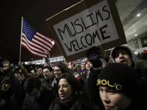 Protesters converged on airports across the US to demonstrate against the ban.  (AFP/Joshua Lott)