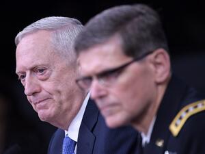 US Secretary of Defense James Mattis (L) and US Central Command Commander Joseph Votel take part in a briefing at the Pentagon in Washington, DC on April 11, 2017. (AFP/Mandel Ngan)