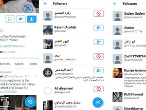 Yemen-based journalists, researchers and humanitarian workers are being targeted by fake accounts in their thousands (Twitter/Hisham Al-Omeisy)