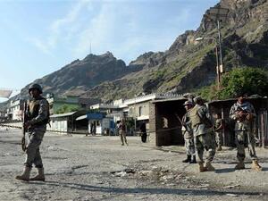 Afghan border police patrol on the Afghanistan side of the Torkham border. (AFP/File)