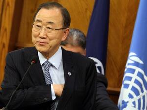 UN chief Ban Ki-moon holds a press conference with the World Bank president, Jordan's foreign minister and planning minister at the ministry of foreign affairs in Amman on March 27, 2016. (AFP/Ahmad Abdo)