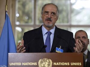 Syrian Ambassador to the United Nations (UN) and Head of the Government delegation Bashar al-Jaafari speaks during a press conference in Geneva on March 16, 2016 during the second round of Syrian peace talks at the UN headquarters.  (AFP/Philippe Desmazes)