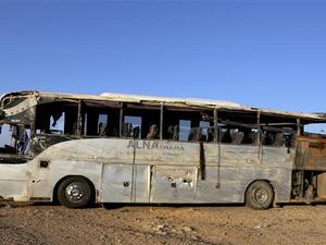 The photo shows a bus that was carrying Palestinian pilgrims after a crash en route to Saudi Arabia, on the outskirts of Maan, Jordan, on March 17, 2016. (Twitter)