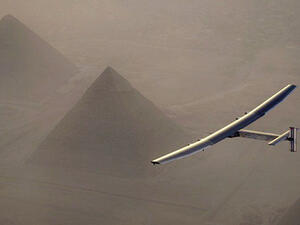 Solar Impulse 2, the solar powered plane, flies over the pyramids of Giza in Egypt. (AFP/File)