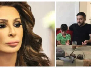 صورة للطفل عبد المعين الحسن مع والده والفنانة إليسا
