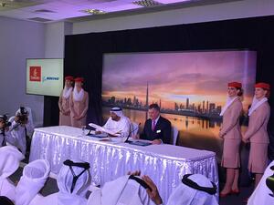 Emirates signed a deal to buy 40 Boeing 787s, valued at Dh55.4 billion ($15.1 billion) at the Dubai Airshow. (Courtesy of Emirates) Emirates signed a deal to buy 40 Boeing 787s, valued at Dh55.4 billion ($15.1 billion) at the Dubai Airshow. (Courtesy of Emirates)