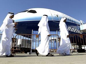 Emirati men visit the Dubai Airshow at its venue in Dubai. (AFP) Emirati men visit the Dubai Airshow at its venue in Dubai. (AFP)