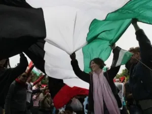 (فلسطينيون يلوحون بعلم عملاق في تظاهرة بذكرى النكبة في غزة

