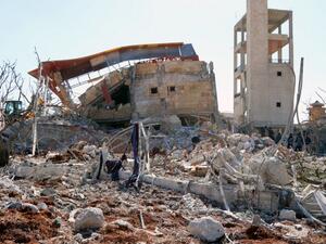 A hospital in Idlib, destroyed by an earlier airstrike. (AFP/File)