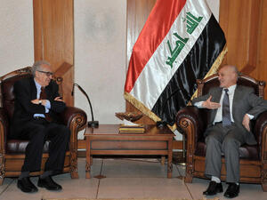 A handout picture released by the Iraqi government shows UN-Arab League envoy Lakhdar Brahimi (L) meeting with Iraq's deputy prime minister in charge of energy Hussain Ibrahim Saleh. (Image credit: AFP PHOTO/HO/IRAQI GOVERNMENT)