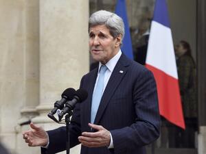 US Secretary of State John Kerry addresses reporters following his meeting with the French President at the Elysee palace in Paris on November 17, 2015. (AFP/Dominique Faget)