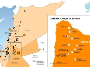 خريطة لوكالة غوث وتشغي اللاجئين الفلسطينيين "الأونروا" توضح فيها مخيمات اللاجئين في الأردن