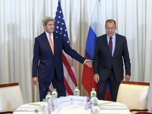 US Secretary of State John Kerry (L) and Russian Foreign Minister Sergei Lavrov met on August 26, 2016 in Geneva for an expected push towards resuming peace talks for war-ravaged Syria. (AFP/Martial Terzzini)