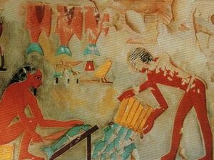 In an ancient Egyptian engraving, fisherman collect and skin the days' haul (Wikimedia Commons) 