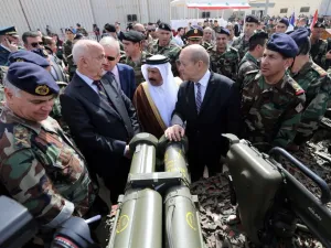French and Lebanese Defense Ministers at the handover ceremony of the first batch of $3B French arms delivery, financed with a Saudi grant. (AFP/File)