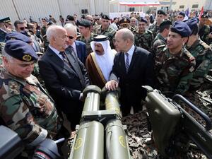 French and Lebanese Defense Ministers at the handover ceremony of the first batch of $3B French arms delivery, financed with a Saudi grant. (AFP/File)