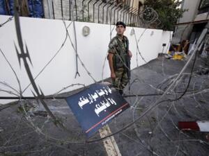 Lebanese soldiers block a road leading to the American embassy in eastern Beirut. (Image credit: AFP)