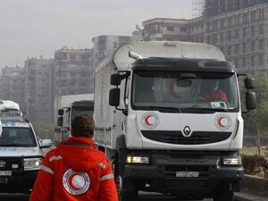 An aid convoy from Damascus headed to the besieged town of Madaya in January 2016. (AFP/File)