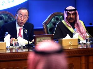 UN Secretary General Ban Ki-moon (L) and Kuwaiti Foreign Minister Sheikh Sabah al-Khaled al-Sabah attend the opening ceremony of the Second International Humanitarian Pledging Conference for Syria. [AFP]