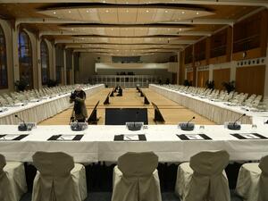 The Syria peace conference room at the conference center "Le Petit Palais" as part of the Montreux-Palace will be the location Wednesday for Geneva II peace talks. [AFP]