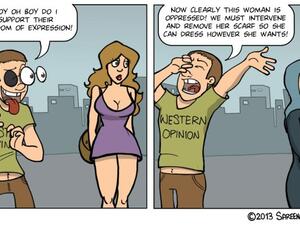 Hilarious artist Sareen exposes Western stereotypes over Muslim women in one simple comic. (2/3 of comic - courtesy of Ink on the side)