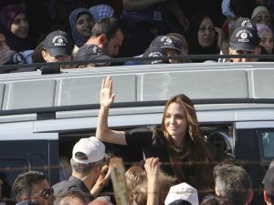 Angelina Jolie does her bit on her Mid-East tour of refugee visits, for stranded Syrians in Turkey, having checked off Libyans in Tunisia recently.
