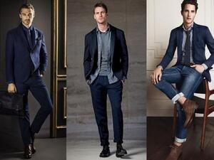 الأزرق الداكن مناسب لأيام الشتاء الباردة . من اليمين H.E Mango و Boglioli و Massimo Dutti