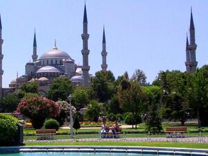 Blue Mosque, Turkey is the more popular name for Istanbul's Sultan Ahmed Mosque, due to the blue effect produced  by the stone.  Dubai now has its own Blue Mosque.