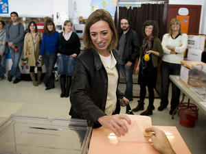 Spanish Minister of Defense Carme Chacón at the polls during Spain's General Elections.
