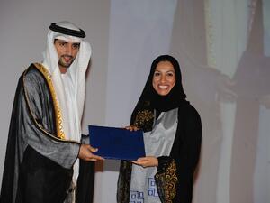 Sheikh Hamdan bin Mohammed Al Maktoum honoring Nada Al Shamma, Senior Manager Group Strategy at Dubai Properties