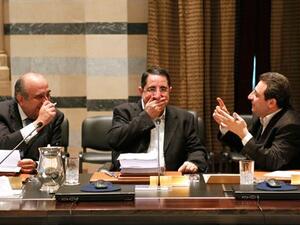 From right, Social Affairs Minister Wael Abu Faour, Agriculture Minister Hussein Hajj Hasan and Tourism Minister Fadi Abboud attend a Cabinet meeting at the Grand Serail in Beirut,
