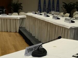 A picture taken on January 20, 2014 in Montreux shows the place of the Syrian opposition representative in the Syria peace conference room at the conference centre "Le Petit Palais", where the Geneva II talks will be held later this week. (AFP)
