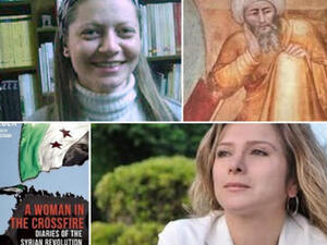 Clockwise: Razan Zaitouneh, Ibn Rushd, Samar Yazbek and her book. Image source: Mich Cafe.