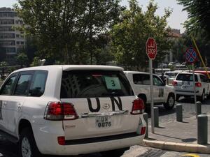 A convoy of United Nations (UN) vehicles leave a hotel in Damascus on August 26, 2013 carrying UN inspectors travelling to the site of a suspected deadly chemical weapon attack the previous week in Ghouta, east of the capital. (AFP)