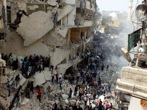 Regime airstrikes have reduced many Syrian towns to rubble (AP)