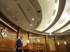 US Secretary of State John Kerry addresses reporters with Jordan's Foreign Minister Nasser Judeh on July 17 in Amman.